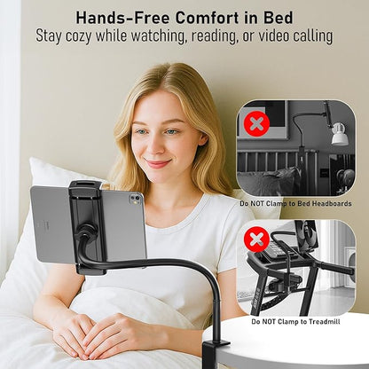Tablet Stand for Desk, Gooseneck iPad Holder Clamp Mount, 360° Adjustable Arm Mount for iPad Pro/Air/Mini, Kindle Fire, Galaxy Tabs, 4.7"-13.5" Tablets, for Kitchen, Work, Video Call, Bed
