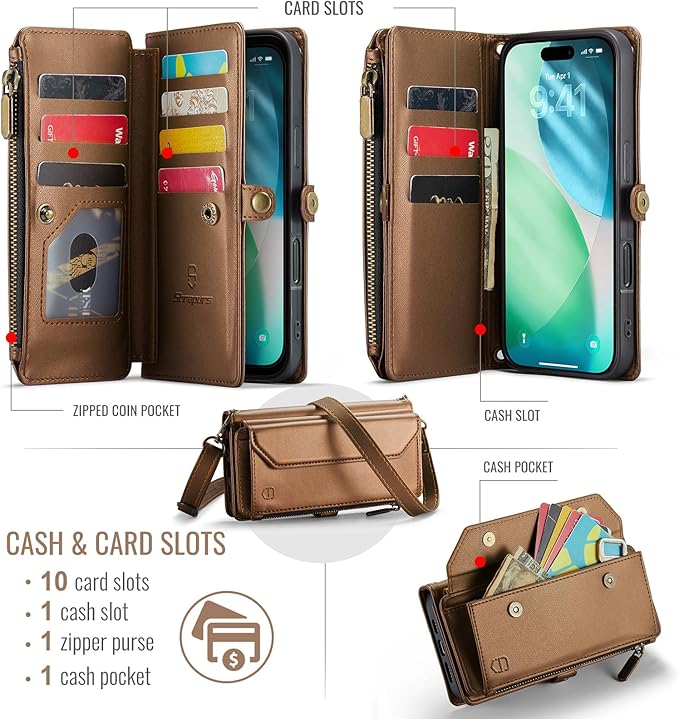 Strapurs Wallet Case Compatible with iPhone Air 6.5" RFID Blocking 10-Card Holder Soft PU Leather Magnetic Snap Shoulder Strap Zipper Pocket Phone Case Fit for iPhone 17 Air for Women - Brown