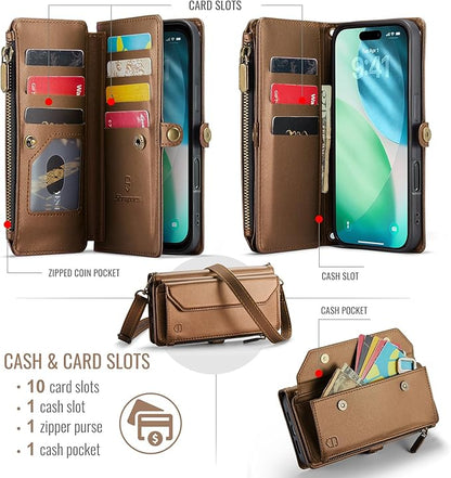 Strapurs Wallet Case Compatible with iPhone Air 6.5" RFID Blocking 10-Card Holder Soft PU Leather Magnetic Snap Shoulder Strap Zipper Pocket Phone Case Fit for iPhone 17 Air for Women - Brown