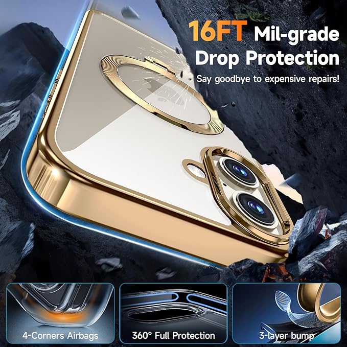 [Tri-Shield Protection] for iPhone 17 Case with 360° Spin Stand Compatible with MagSafe [Magnetic CD Ring] [Screen & Camera Lens Protector] Shockproof Plating Never-Yellowing, Gold-6.3"