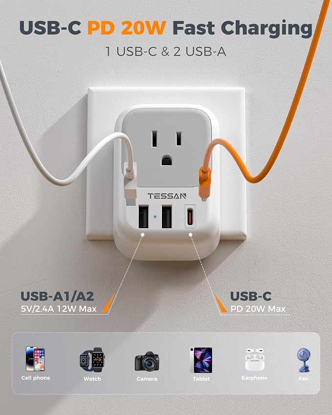 TESSAN 2 Pack Type E F Plug Adapter, Schuko Plug | 3 USB Charger (1 USB C PD 20W), 4 Outlets, Germany France Power Travel Adaptor