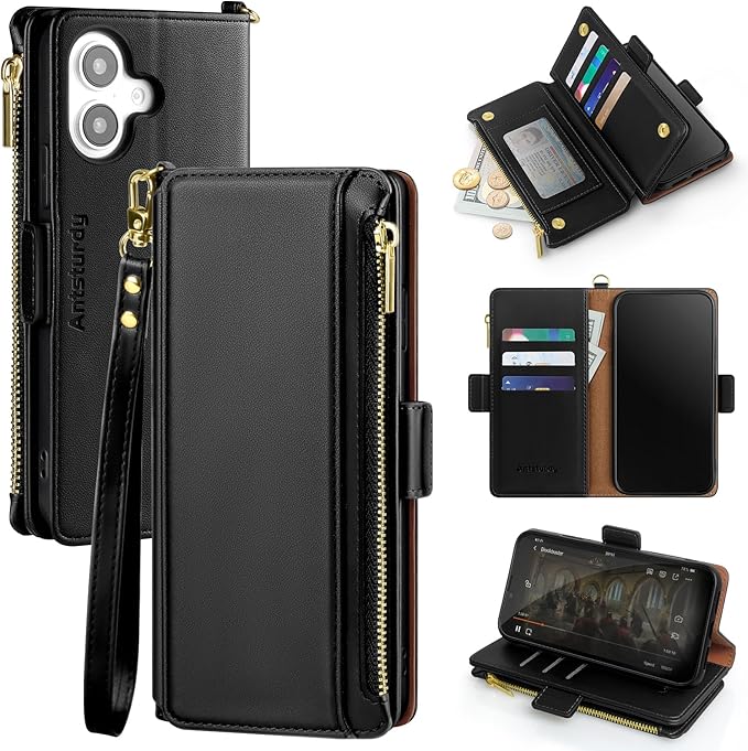 Antsturdy Compatible with iPhone 16 Plus Wallet Case,RFID Blocking PU Leather Phone Case Women Men Kickstand flip Cover Wrist Strap Zipper Credit Card Holder Slots for Apple 16 Plus 6.7",Black