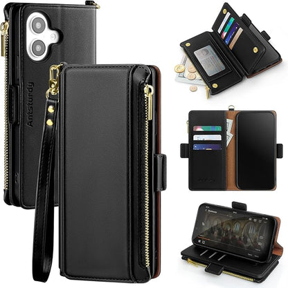 Antsturdy Compatible with iPhone 16 Plus Wallet Case,RFID Blocking PU Leather Phone Case Women Men Kickstand flip Cover Wrist Strap Zipper Credit Card Holder Slots for Apple 16 Plus 6.7",Black