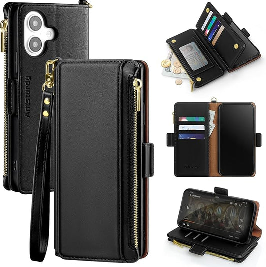 Antsturdy Compatible with iPhone 16 Plus Wallet Case,RFID Blocking PU Leather Phone Case Women Men Kickstand flip Cover Wrist Strap Zipper Credit Card Holder Slots for Apple 16 Plus 6.7",Black
