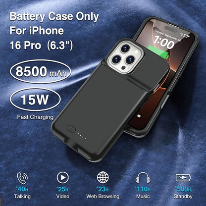 GIN FOXI Battery Case for iPhone 16 Pro, Charging Case Charger 8500mAh Rechargeable Case Ultra-Slim Lightweight 15W Fast Battery Pack Anti-Fall TPU Juice Box for iPhone 16 Pro(6.3") Black