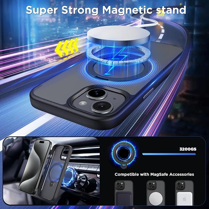 CACOE Magnetic Case for iPhone 15 6.1 inch with 360 Rotatable Ring Stand, Compatible with MagSafe Car Phone Mount, Cases Cover Phone Holder for Desk Meeting/Videos Matte Black