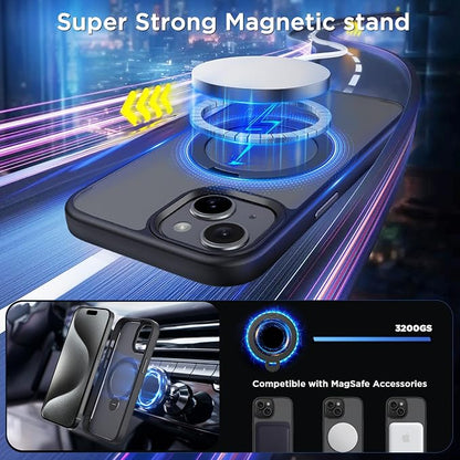 CACOE Magnetic Case for iPhone 15 6.1 inch with 360 Rotatable Ring Stand, Compatible with MagSafe Car Phone Mount, Cases Cover Phone Holder for Desk Meeting/Videos Matte Black