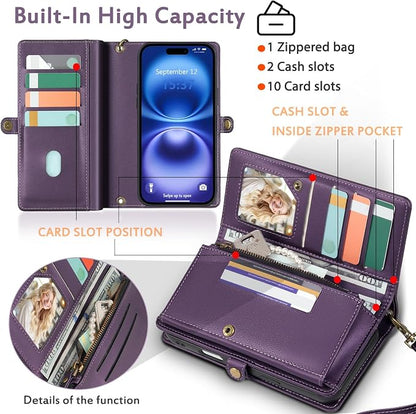 for Wallet Case Compatible with iPhone 16,Multi-Function Detachable 2 in 1 Magnetic iPhone 16 Case Wallet,Flip Strap Zipper Card Holder Phone Case with Shoulder Straps (Pruple)