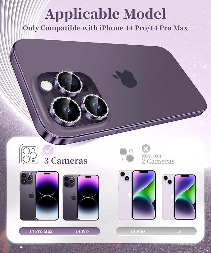 GolbinBox Camera Lens Protector for iPhone 14 Pro/14 Pro Max, 1:1 Invisible Fit, 9H Tempered Glass Ultra HD Metal Individual Camera Cover for Women, Case Friendly, Bling/Deep Purple