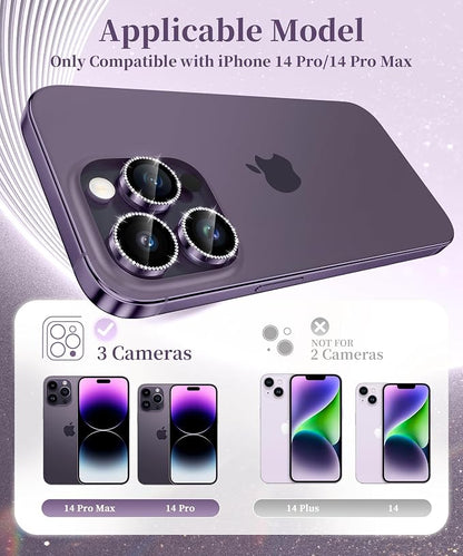 GolbinBox Camera Lens Protector for iPhone 14 Pro/14 Pro Max, 1:1 Invisible Fit, 9H Tempered Glass Ultra HD Metal Individual Camera Cover for Women, Case Friendly, Bling/Deep Purple