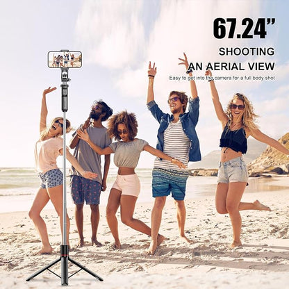 67" Selfie Stick Tripod for iPhone with Remote Control, Phone Holder and 1/4” Screw, Extendable Travel Essentials Tripod for Cell Phone, Camera, Phone Stand for Video Recording