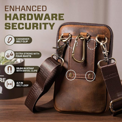 Hengwin Small Genuine Leather Cell Phone Crossbody Purse Shoulder Bag for Women and Men, Leather Phone Holster with Belt Clip Belt Loop Travel Passport Pouch Messenger Bag Waist Bag (Coffee)