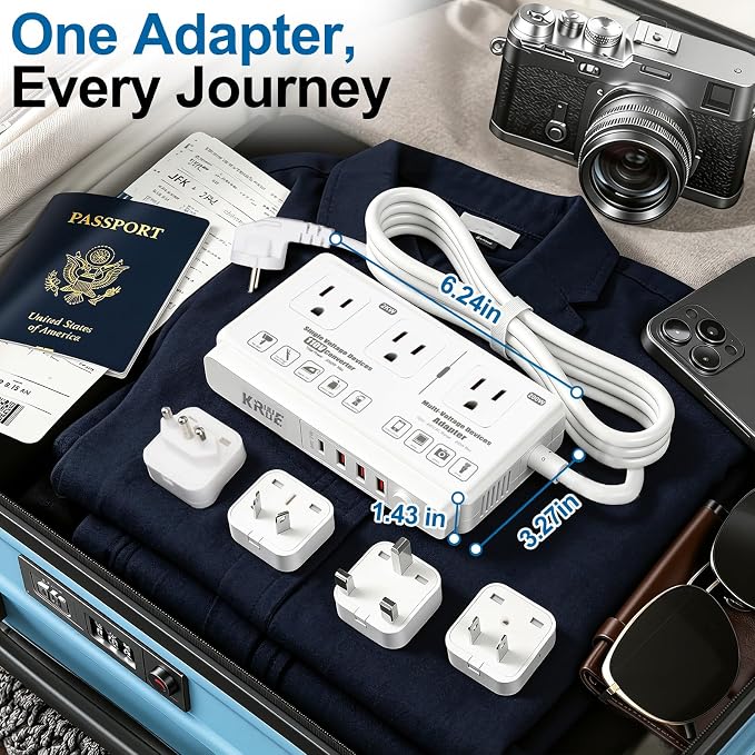 220v to 110v Travel Voltage Converter: International Universal Voltage Converter US to Europe Power Strip Plug Transformer - 2000W Electric Hair Dryer Step Down Outlet Converters for European UK EU