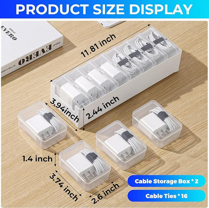 Large Cable Organizer Box with 8 Clear Switch Case, 1 Pack Clear Phone Charger Cable Organizer Box for Home Office Desk Accessories Wire Organization Stationery Supplies (white)