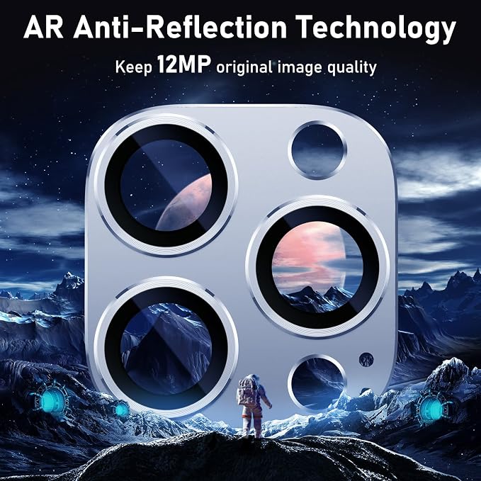 UniqueMe for iPhone 13 Pro/iPhone 13 Pro Max Camera Lens Protector, [Strong Drop Protection] [Not Easy to Fall-off] Metal Ring Tempered Glass Rear Camera Screen Cover - Sierra Blue