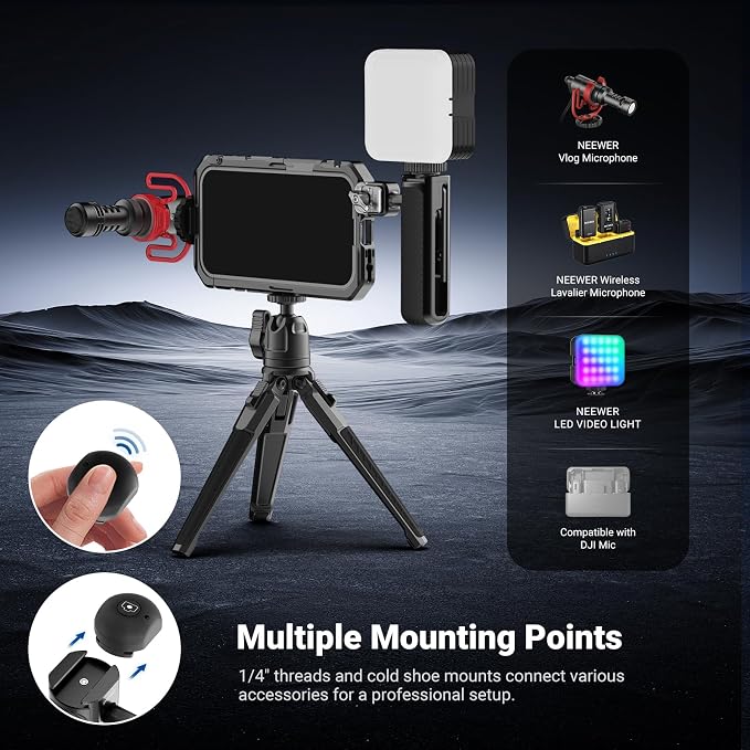 NEEWER Phone Cage Kit Compatible with iPhone 17 Pro Only, Video Rig Stabilizer Accessories with 67mm Filter Ring, 17mm & T Mount Lens Backplates, Quick Release Bluetooth Handle, PA143 (Black)
