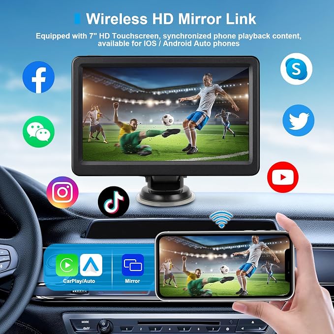 Wireless Carplay Screen for Car, 7" HD Touch Screen Portable Car Stereo for Carplay & Android Auto, Pantalla para Carros with Bluetooth, AUX, FM Transmitter, Voice Control