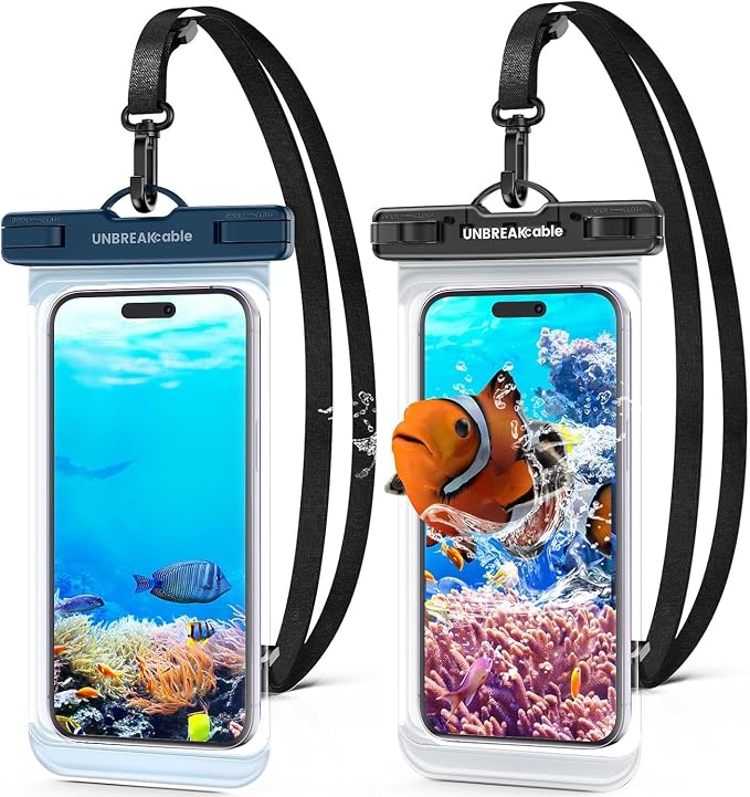 UNBREAKcable Waterproof Phone Pouch-2 Pack IPX8 Waterproof Phone Case for iPhone 16 15 14 13 12 11 Pro Max & Samsung S25 S24-Dry Bag & Travel Essentials for Beach, Pool, Kayak & Cruise-7" Black+Blue