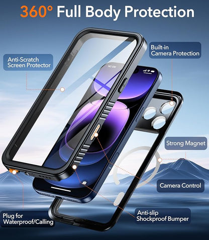 Oterkin Waterproof Case for iPhone 17 Pro Case Compatible with MagSafe, Full Body Rugged iPhone 17 Pro Phone Case with Built-in HD Screen & Lens Protector [15FT Military] iPhone 17Pro Case (Black)