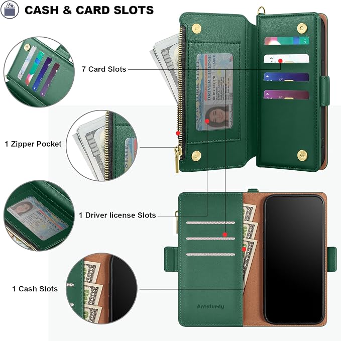 Antsturdy Compatible with iPhone 16 Plus Wallet Case,RFID Blocking PU Leather Phone Case Women Men Kickstand flip Cover Wrist Strap Zipper Credit Card Holder Slots for Apple 16 Plus 6.7",Green