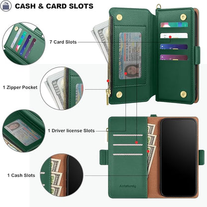 Antsturdy Compatible with iPhone 16 Plus Wallet Case,RFID Blocking PU Leather Phone Case Women Men Kickstand flip Cover Wrist Strap Zipper Credit Card Holder Slots for Apple 16 Plus 6.7",Green