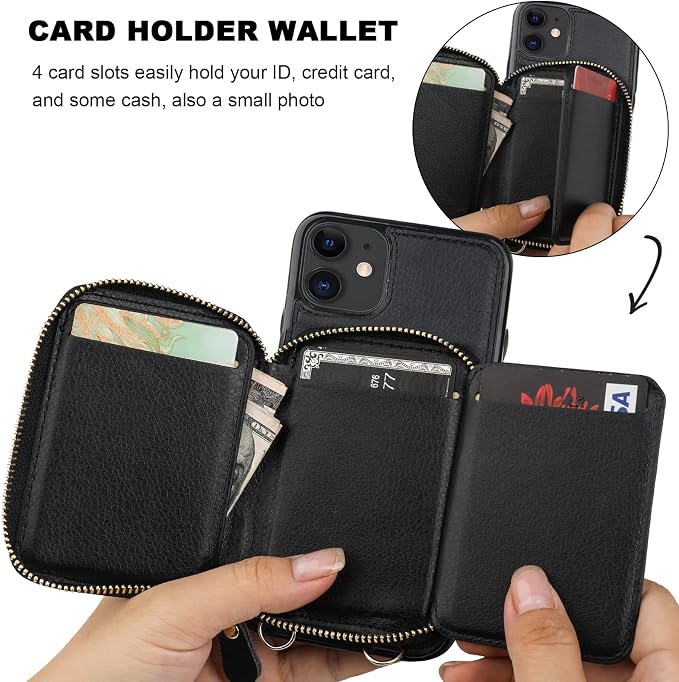 Bocasal RFID Blocking Wallet Case for iPhone 11, Adjustable Crossbody Zipper Purse Case Card Holder with Kickstand Detachable Wrist Strap, PU Leather Flip Folio Case 6.1 Inch (Black)
