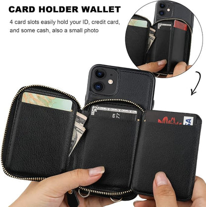 Bocasal RFID Blocking Wallet Case for iPhone 11, Adjustable Crossbody Zipper Purse Case Card Holder with Kickstand Detachable Wrist Strap, PU Leather Flip Folio Case 6.1 Inch (Black)