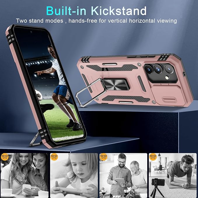 DEERLAMN Case for Samsung Galaxy S24 FE 6.7-Inch with Slide Camera Cover+Screen Protector(1 Pack), Rotated Ring Kickstand Military Grade Shockproof Protective Cover-Rose Gold