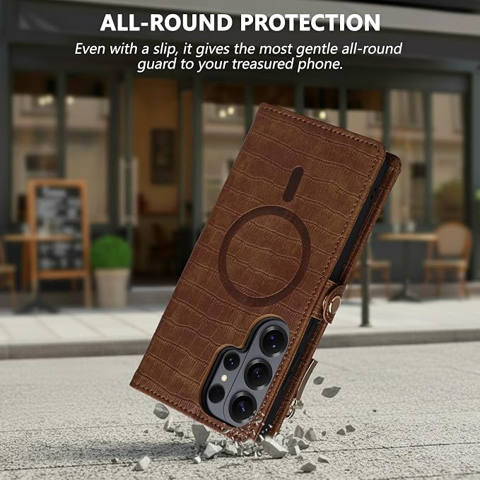Crossbody Wallet Case for Samsung Galaxy S26 Ultra with Mirror, Wrist Strap, Zipper Purse Magnetic Flip, RFID Blocking Card Holder, PU Leather Shockproof Women (Brown)