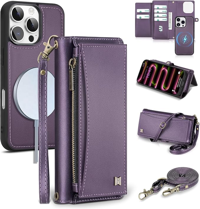 Wallet Case for iPhone 16 Pro with Card Holder/Crossbody Wallet/Strap| RFID Blocking | Magnetic | Kickstand | Detachable | PU Leather Phone Case for iPhone 16 Pro,6.3 in,Purple