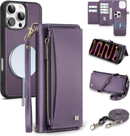 Wallet Case for iPhone 16 Pro with Card Holder/Crossbody Wallet/Strap| RFID Blocking | Magnetic | Kickstand | Detachable | PU Leather Phone Case for iPhone 16 Pro,6.3 in,Purple