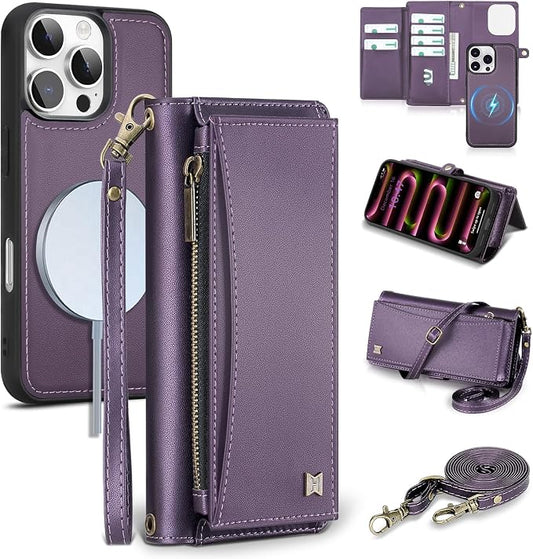 Wallet Case for iPhone 16 Pro with Card Holder/Crossbody Wallet/Strap| RFID Blocking | Magnetic | Kickstand | Detachable | PU Leather Phone Case for iPhone 16 Pro,6.3 in,Purple