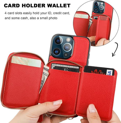 Bocasal RFID Blocking Wallet Case for iPhone 13 Pro, Adjustable Crossbody Zipper Purse Case Card Holder with Kickstand Detachable Wrist Strap, PU Leather Flip Folio Case 6.1 Inch 5G (Red)