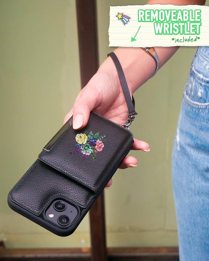 Smartish iPhone 14 Plus Crossbody Wallet Case - Dancing Queen [Purse/Clutch with Detachable Strap & Wristlet] Protective Cover with Credit Card Holder - Catch The Bouqet