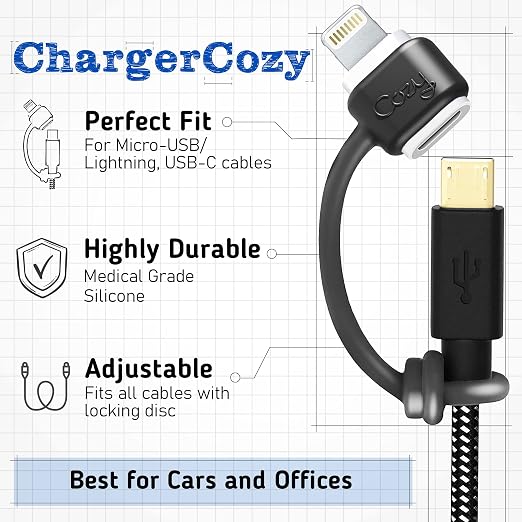 Cozy Charging Cable Keeper Adapter Tether Holder Compatible with Apple Pencil USB-C Micro USB, Keychain, Car, Travel, Black, 5-Pack