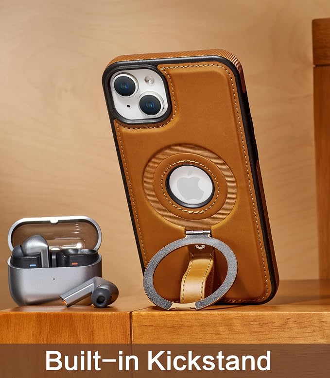 for iPhone 15 Plus/iPhone 14 Plus Leather Case with Stand, Anti-Slip Grip Ring, Fits for MagSafe (Brown, iPhone 15/14 Plus)