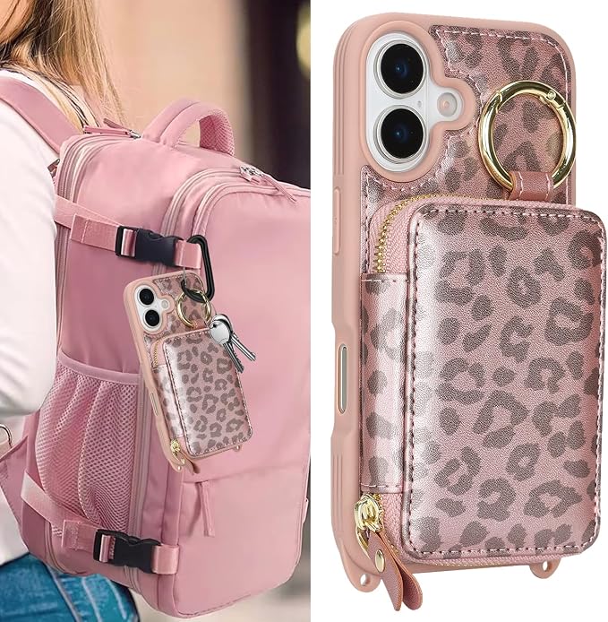 Crossbody Wallet Case for iPhone 17, PU Leather Zipper Handbag Purse Flip Cover, Kickstand Folio Case with Card Slots Holder Wrist Strap Lanyard 5G 6.3 Inch-Pink Leopard