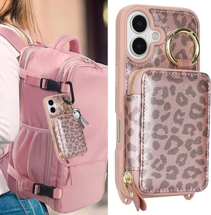 Crossbody Wallet Case for iPhone 17, PU Leather Zipper Handbag Purse Flip Cover, Kickstand Folio Case with Card Slots Holder Wrist Strap Lanyard 5G 6.3 Inch-Pink Leopard