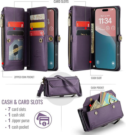 Strapurs Wallet Case Compatible with iPhone 16 6.1" RFID Blocking 7-Card Holder Soft PU Leather Magnetic Snap Shoulder Strap Zipper Pocket Phone Case Fit for iPhone 16 for Women - Purple