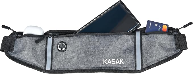 KASAK Slim Running Belt, Ultra Light Bounce-Free Waist Pack with Reflective Strip, Sweatproof Fanny Pack for Phone, Money & Keys – Running, Hiking, Cycling, Travel