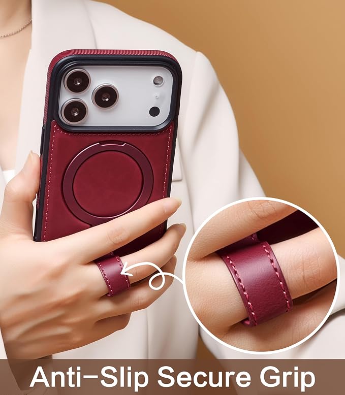 for iPhone 17 Pro Max Leather Case with Stand, Anti-Slip Grip Ring, Fits for MagSafe (Burgundy, iPhone 17 Pro Max)