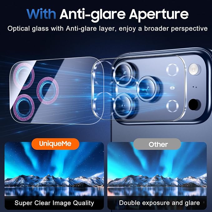 UniqueMe Compatible for 3 Pack iPhone 17 Pro Camera Lens Protector - [Drop Protection] [Case Friendly] 9H Tempered Glass Camera Cover Screen [Update New Version] - Glitter Dark Purple
