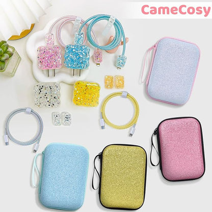 Glitter Phone Charger Storage Case Cover Set, Cute Bling Electronic Organizer with Cable Protector for iPhone, Soft Cable Saver Cord Organizer, Charger Case (Yellow)