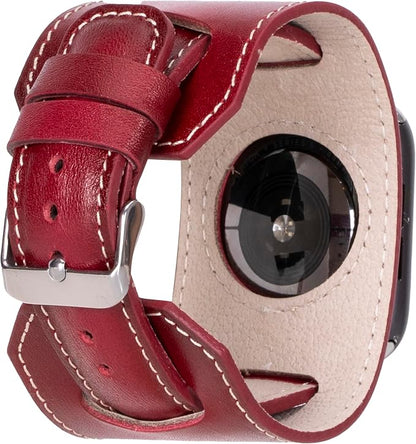 HARDISTON Cuff Watch Band Compatible with Apple 44mm for men & women, Handmade Genuine Leather, Compatible with iWatch Series 11 10 9 8 7 6 5 4 3 2 1 SE Ultra, Wrist Bracelet Arm Band, Large/Band-Red