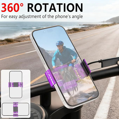 Bike Phone Holder, Motorcycle Phone Mount, Aluminum Alloy Bicycle Handlebar Cell Phone Stand, 360°Rotate Ebike Scooter Phone Clamp Clip, Suitable for 4.5-7.0" Smartphones (Purple)