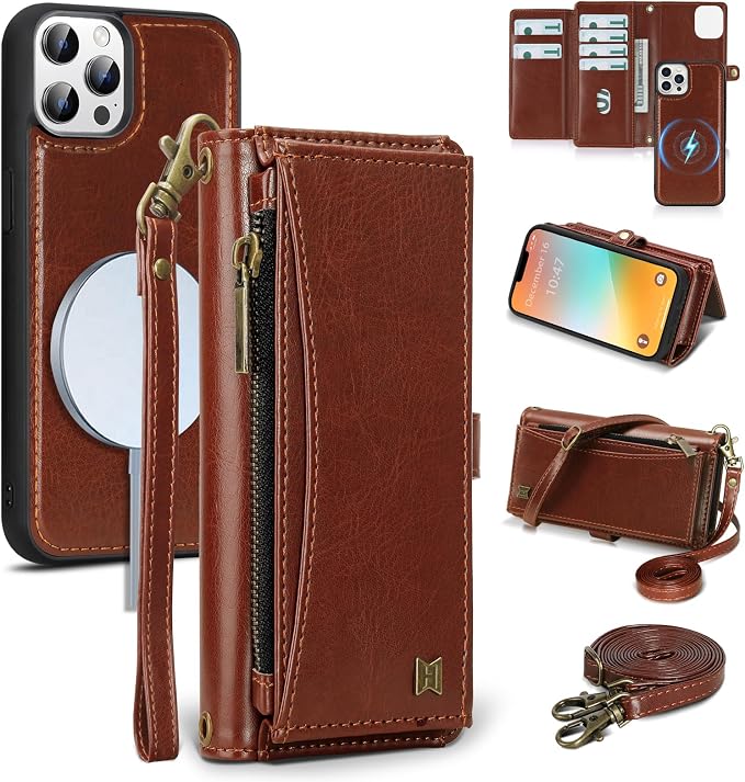 Wallet Case for iPhone 13 Pro with Card Holder/Crossbody Wallet/Strap| RFID Blocking | Magnetic | Kickstand | Detachable | PU Leather Phone Case for iPhone 13 Pro,6.1 in,Brown