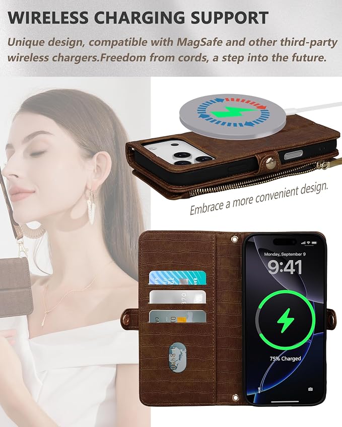 Crossbody Wallet Case for iPhone 17 Pro Max with Mirror, Wrist Strap, Zipper Purse Magnetic Flip, RFID Blocking Card Holder, Wireless Charging, PU Leather Shockproof 6.9" Women (Brown)