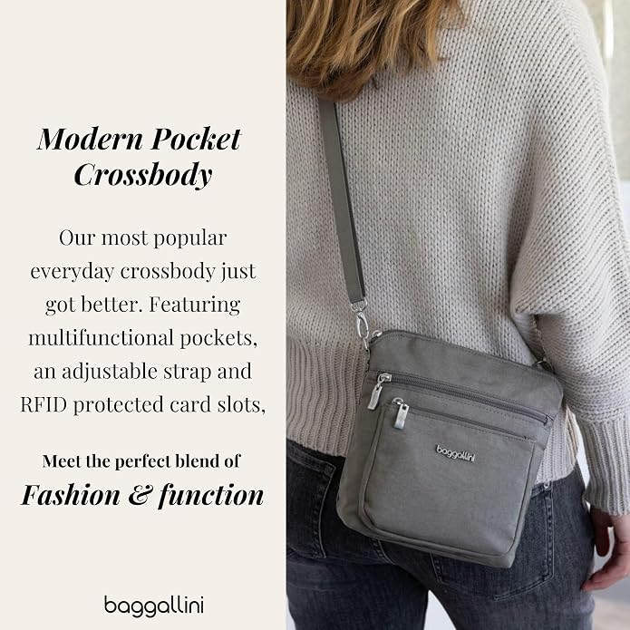 Baggallini Modern Pocket Crossbody Bag for Women, 8.5"x8.5" Handbag Purse with RFID, Lightweight Water-Resistant