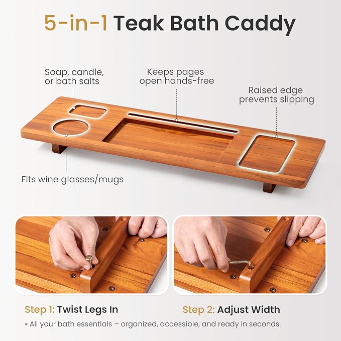 Premium Teak Bathtub Tray for Freestanding Baths - 29" Adjustable Spa Caddy | Compact, Thick & Stable Design | Anti-Tip with Accessories Holder | Natural Water-Resistant Finish