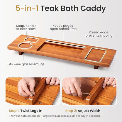 Premium Teak Bathtub Tray for Freestanding Baths - 29" Adjustable Spa Caddy | Compact, Thick & Stable Design | Anti-Tip with Accessories Holder | Natural Water-Resistant Finish
